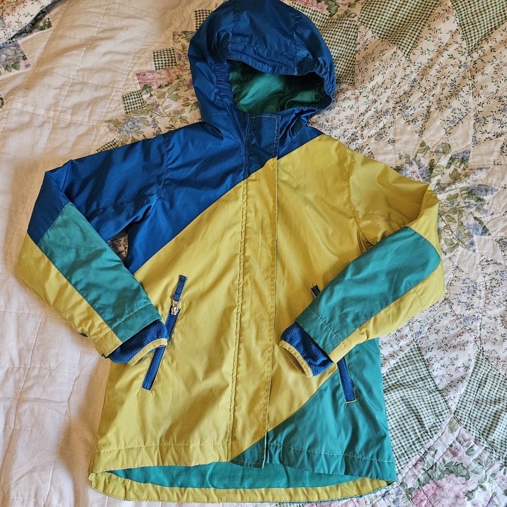 Landsend Kids Winter Jacket S 7-8 Green Blue Hooded Zip Fall Unisex